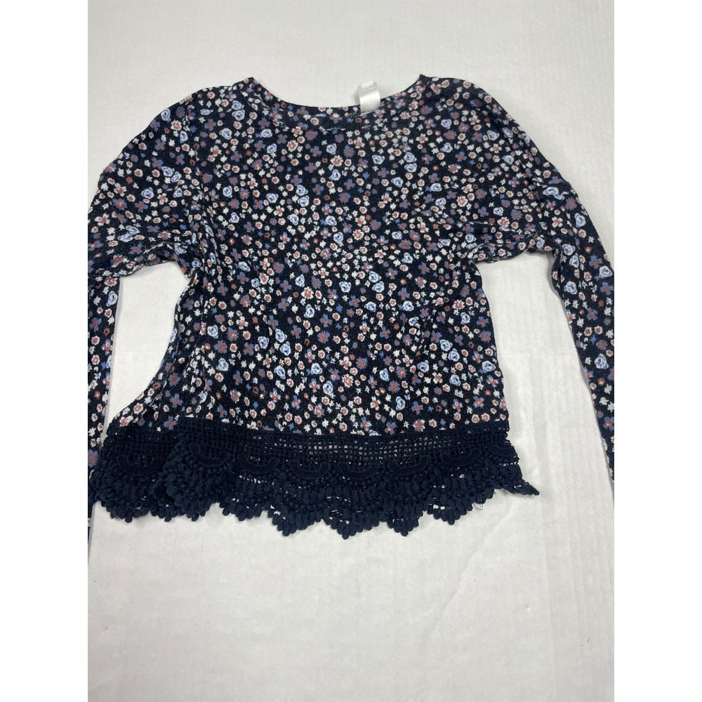 Bongo Womens Floral Long Sleeve Top Crochet Lace Hem‎ Navy Blue Size M
